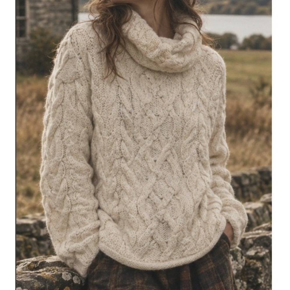 Vintage Irish Merino Wool Sweater Cable Knit XS Cream Turtleneck Aran Fisherman